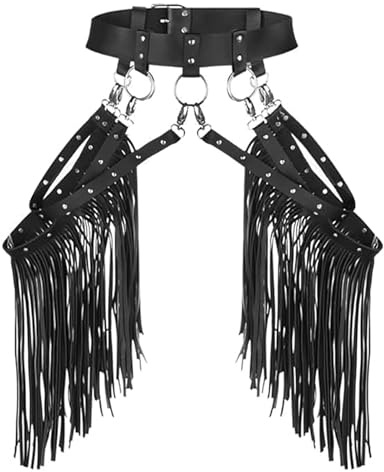 Women Punk Leather Fringe Tassel Belt Skirt Waistband Gothic Body Leg Harness Garter Waist Belt Adjustable Belly Body Chain Christmas Outfit Rave Party Clubwear Rocker Dance Performance Costume