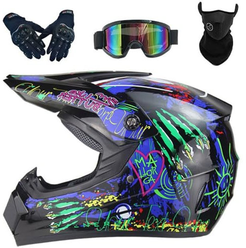 Motorradhelm Motocross-Helm DOT-zugelassen Kinder Vollgesichts-Offroad-Motorrad-Crosshelme mit Visier Brille Maske Handschuhe Motorrad ATV MTB Outdoor-Sport Motorradhelm-Set(A Blue,S(52-53cm))
