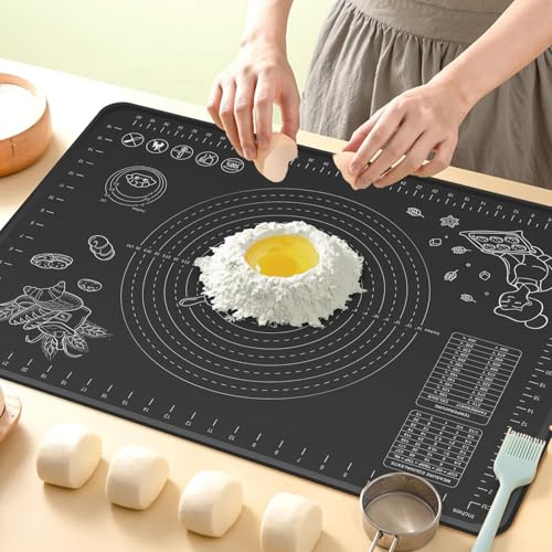 Silicone Baking Mat 28 x 20 Extra Thickness Dough Rolling Mat with Measurements and Edge Heightening, Non-stick Food Grade Silicone Pastry Mat for Pastry, Bread, Cookies, Pizza, Fondant, Pasta-Black