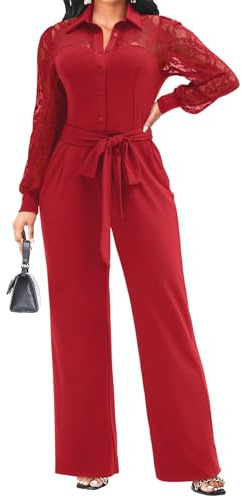 Elegant Jumpsuit for Women Dressy Sexy Lace Puff Sleeve Wide Leg Pant Suit One Piece Formal Outfits, 9007-red, M