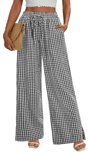 Rapbin Palazzo Pants for Women Wide Leg Pants Fall Flowy Elastic High Waist Casual Lounge Trousers (Black White Plaid, L)