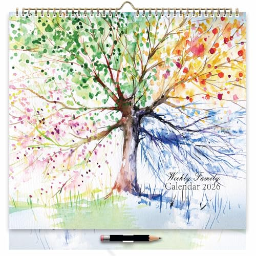 ZXHQ 2026 Family Calendar for UK, Jan–Dec, 6-Column Layout, 30.5 x 32cm, 52 Weeks One Week/Page, Wall Calendar & Family Planner with UK Holidays, Back Pocket, Four-Season Tree