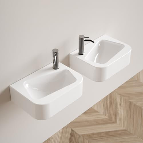 Wall Mounted Bathroom Vessel Sink Small Corner Sink Rectangle Washbasin Ceramic Floating Vanity Basin for Cloakroom Garage(Right)