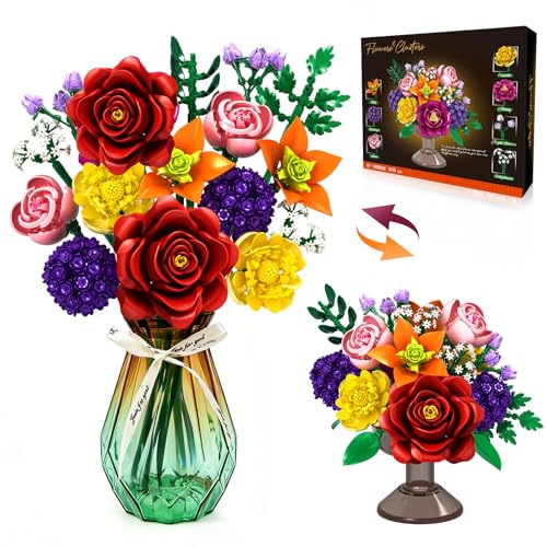 KOJAYHOL Kit de Construction Bouquet de Fleurs, Collection Botanique 933 Pièces, 16 Fleurs à Assembler, Cadeau pour la fête des mères, Cadeau DIY pour Femmes, Ados et Décoration de Bureau
