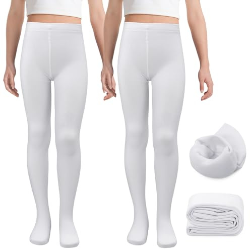 MK MATT KEELY 2 Pairs Girls Fleece Lined Tights Kids White Thermal Leggings Toddlers Winter Warm Ballet Tights,6-8 Years
