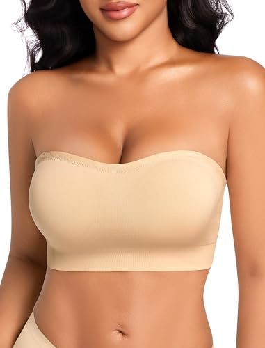 OOEU Strapless Bras for Women Non Wired Bandeau Bra Padded Wireless Seamless Strapless Bra Push Up Multiway Tube Top Bralette (UK, Alpha, M, Regular, Regular, Nude)