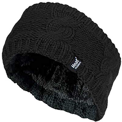 Heat Holders - Ladies Thick Cable Knitted Fleece Lined Thermal Winter Empty Skull Ear Warmer Headband (One Size, Black)