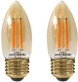 paul russells LED Candle Filament Light – 2.5W 20W Equivalent Replacement, 200LM Lumens, 2200K Extra Warm White, ES E27 Edison Screw C35 Bulbs – Energy Saving Non-Dimmable Lamps - 2 Pack