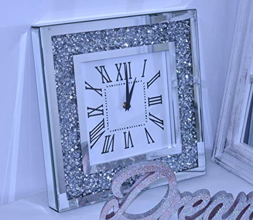 DEENZ Loose Diamante Silent Wall Clock Elegant Luxury Diamond Crystal Mirror Crushed Jewel Roman Wall Clock Silent For Home Office Living Room Bedroom Decoration-35X35cm silver