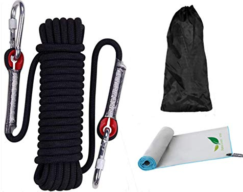 Mehrzweckseil für den Außenbereich + schnell trocknendes Handtuch, Länge 10 m (D10 mm), Nylonseil mit 2 Karabinern, Tragkraft 1200 kg, Rettungsseil, Bergsteigen, Klettern, Camping, Schwarz