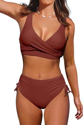Beachsissi Damen Cross Back Badeanzüge Leopard Twist Front Bademode Kordelzug Side Bikini Sets (L, Pflaumenrot)