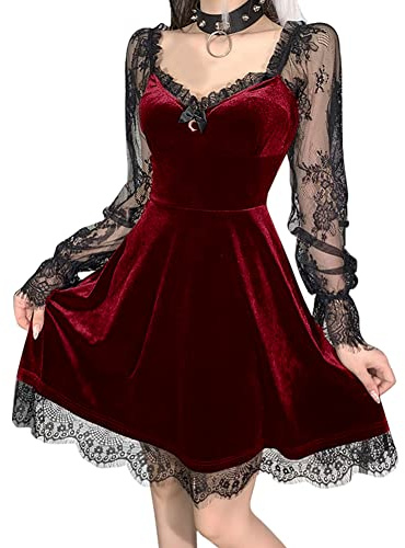 IKADEX Pastel Goth Dress for Women Lolita Dress Vintage Lace Long Sleeve Velvet Dresses Casual Party #A: Wine Red L
