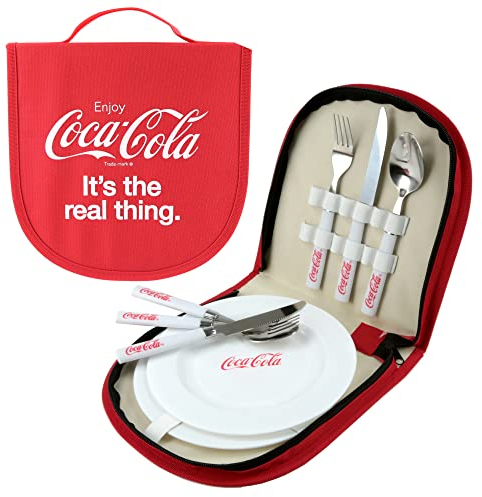 Kimm & Miller Official Coca Cola Gifts & Diet Coke Gift Set for Women - Picnic, Camping, Travel Cutlery Set for 2 in a Case with Carry Handle - Includes Plastic Picnic Plates