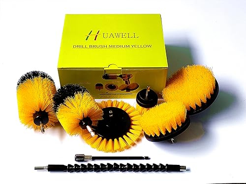 HUAWELL Lot de 8 brosses à récurer électriques pour perceuse - Longue fixation - Pour surfaces de salle de bain, joints, sol, baignoire, douche, carrelage, cuisine et voiture (jaune) H783758-982
