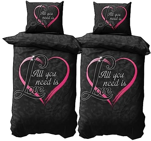 Leonado Vicenti 4 teilig Microfaser Partner Bettwäsche 2X 135x200 2X 80x80 cm Schwarz Herz Grau All You Need is Love