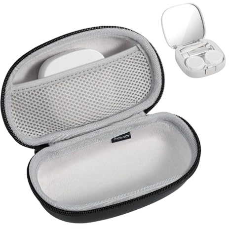 MoKo 2 in 1 Brillenetui & Kontaktlinsenbehälter, Tragbar Reise Kontaktlinsenbehälter-Set mit Spiegel Pinzettenentferner, Netztasche, Leicht Brillenetuis für Damen & Herren, Schwarz + Weiß