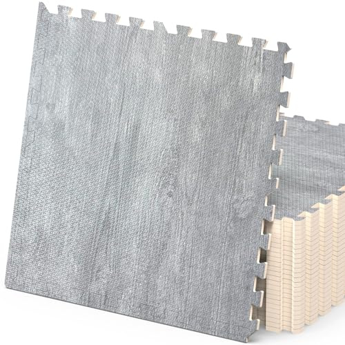 100 Sq. Ft 3/8 Inch Thick Printed Foam Tiles Interlocking Foam Mat, 24 x 24, 25 pcs, Grey Wood Grain Style Print