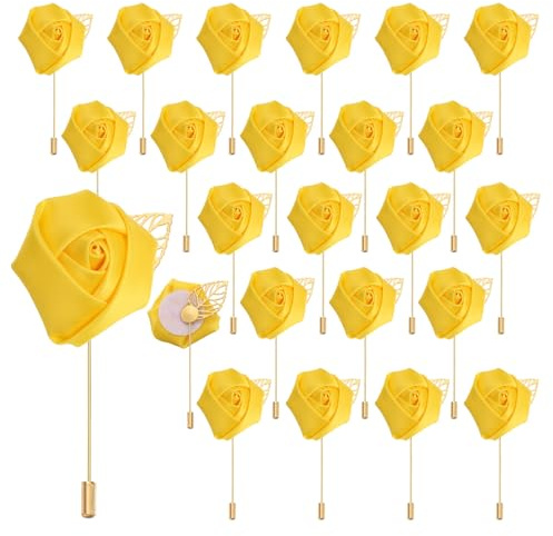 QUARKZMAN 24Pcs Épinglette Boutonnière en Fleur de Roses Jaunes Broches de Boutonnières de Poche pour Cérémonie de Mariage Anniversaire Bal de Promo Dîner Formel Fête Décoration de Costume