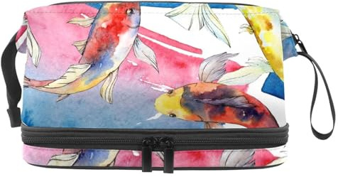 Bolsa de cosméticos de doble capa con diseño de peces de carpa, color rojo y dorado, para mujeres y niñas, neceser de viaje, bolsa organizadora de maquillaje con compartimento para cepillos,