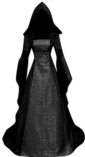 Sangdut - Abito da donna per Halloween, stile retrò medievale, da strega, con maniche a sbuffo, abito lungo gotico con cappuccio in stile vittoriano e rinascimentale, ideale per costumi di Halloween