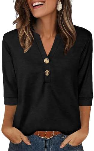 Aokosor Womens 3/4 Sleeve Tops Ladies Blouse V Neck Tunic Long Sleeve T Shirts Curved Hem Office Wear Black Top Size 10-12 for UK