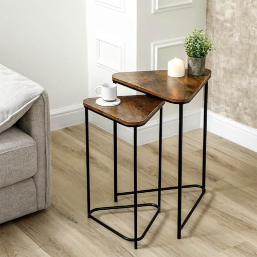 VANITY LIVING Metal Set of 2 Nesting Tables for Living Room – Space-Saving Nest of Side Tables, Accent End Tables Bedroom & Home Decor (Wooden Top)