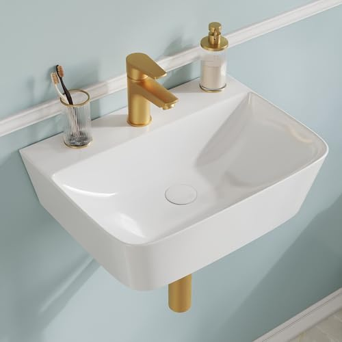 DeerValley Waschbecken, Wand-/Aufsatz-Handwaschbecken mit dünnem Rand & Ablagefläche, Rechteckiges Waschbecken aus Keramik Ohne Überlauf für Badzimmer, Gäste-WC - Weiß 41 * 31