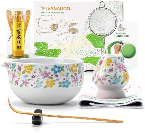 TEANAGOO Te Matcha Kit, Matcha Kit 7 piezas de matcha blanco, kit de matcha de ceremonia, juego de té matcha para hacer café con leche, cuenco de cerámica (chawan) con boquilla y batidor