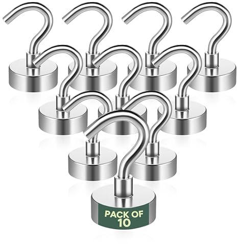 Zuvo Heavy Duty Magnetic Hooks 10 Pack – Strong Neodymium Magnet Hooks (22lb/10kg) for Cruise Cabins, Kitchen, Fridge, Wall, Ceiling, Garage, Van – Rust-Resistant Metal Hook for Hanging & Organising