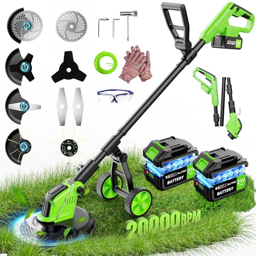 20000 RPM Cordless Weed Wacker with Wheels, 12-Inch Battery Powered Stringless Weed Eater, 6000mAh Batteries, Brushless Motor, 90° Adjustable Head, Handle, Lightweight Powerful Grass Trimmer Edger