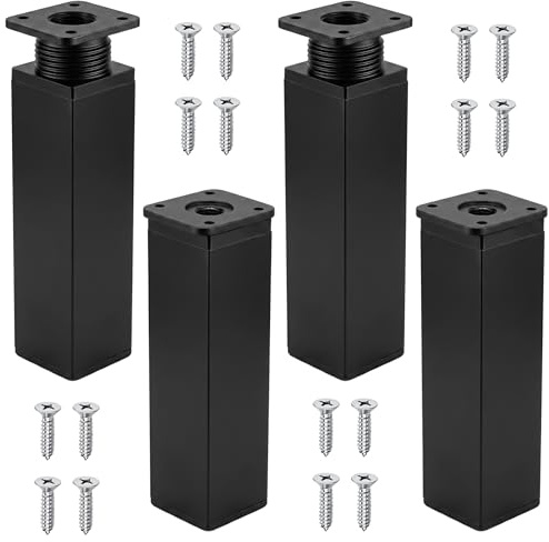 4 Pied de Meuble Reglable, 15cm Jambes de Table en Méta Alliage Aluminiuml | Pied de Meuble Noir, Pieds pour Meuble avec 16 Vis, Pied Réglable Canapé de Rechange pour Armoires, Placard, Cuisine