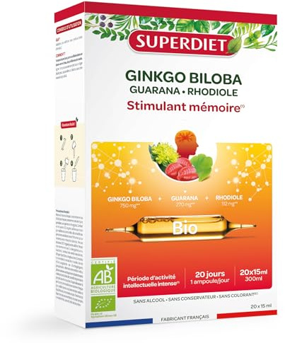 SUPERDIET - GINKGO BOOST BIO- Stimulant Mémoire BIO - Vitalité - Fabrication Française - 20 ampoules de 15ml