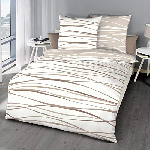 G BETTWARENSHOP kuschelig weiche, Moderne Biber Bettwäsche Motion Natur aus 100% Baumwolle mit Reißverschluss 155x220 cm + 80x80 cm