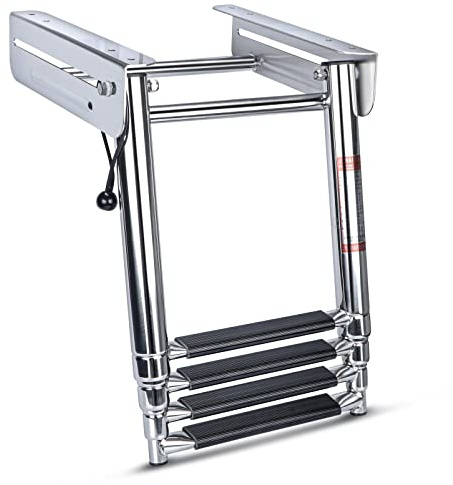 3 & 4 Step Ladder Under Platform Slide Mount Boat Boarding Ladder, Stainless Steel Heavy Duty Telescoping Marine Pontoon Ladder (4 Steps)