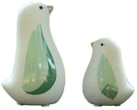 Sittande fågelfigur med gröna bladvingar av keramik, set om 2, djurstaty i naturlig stil, hus skrivbord trädgård ornament dekor