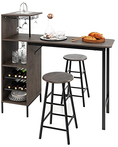 GOPLUS Ensemble Table de Bar et Tabourets 3 Pièces,Table Bistro avec Porte-Verres et Étagères, Table de Comptoir de Cuisine avec 2 Tabourets pour Maison, Salle à Manger, Restaurant, Bar (Marron)
