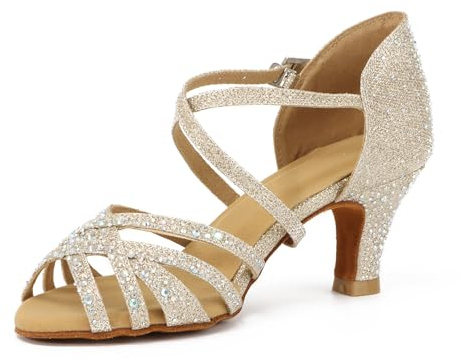 Syrads Zapatos de Baile de Salón Con Diamantes de Imitación para Mujer, Salsa Latina, Práctica y Fiesta - Dorado, 6cm Heel, 38 EU