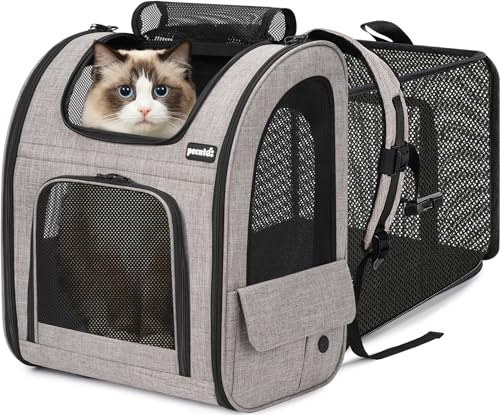 Pecute Sac à Dos de Transport pour Animal de Compagnie, Sac à Dos Extensible avec Maille Respirante pour Chats et Chiens de Taille Moyenne et Grande Taille, pour Voyage, randonnée, Kaki