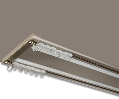 MZQMK Gardinenstange 3m, Vorhangschiene 2 Läufig, Vorhangschiene Deckenmontage, Mit Stummen Rollen, Für Schiebevorhänge, Gardinen Und Vorhänge(Champagne,5.6m(18.3ft))