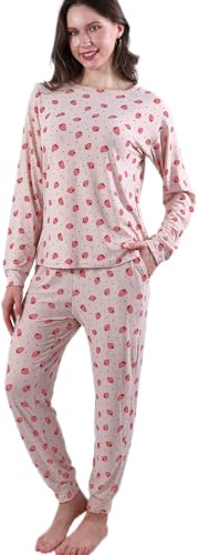 Coolwife Ensemble de pyjama doux pour femme, vêtements de nuit, hauts à manches longues et pantalon, vêtements de détente, Fraise kaki clair, L