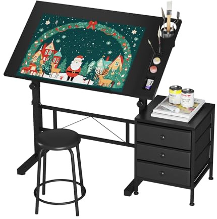 Dripex Tavolo da disegno inclinabile 0-60°, tavolo architettonico regolabile in altezza, tavolo da lavoro, disegno, scrivania per computer con sgabelli e armadietti, per ufficio e casa, nero