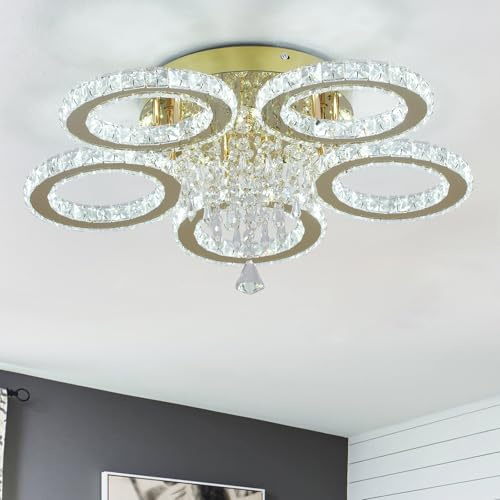 VETRULUS Lustre LED en cristal moderne – Plafonnier doré à 5 anneaux, lumière blanche pour chambre, salon, salle à manger, couloir