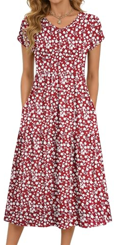 PLOKNRD MOLERANI Robe Été Femme Taille Haute Col V Manches Courtes Poches | Robe mi-longue fluide trapèze, infroissable, ample et chic. Polyvalente, décontractée, idéale au quotidien, travail, vacances