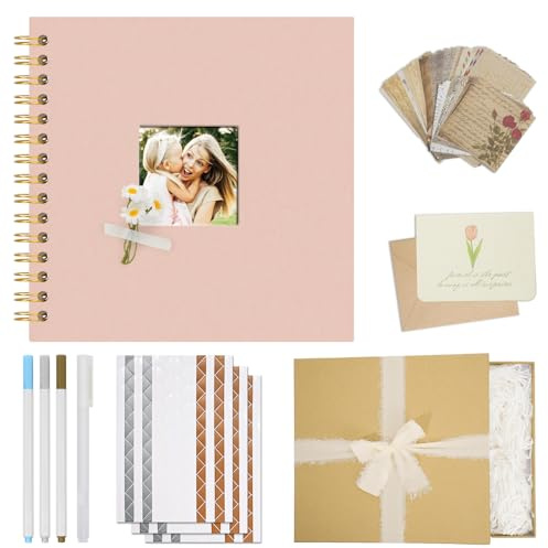 Vienrose Álbum de Scrapbook DIY Kit Completo 20,5 x 20,5 cm con Tapa de Lino, 40 Páginas Blancas y Accesorios Decorativos, Regalo para Bodas, Nacimiento, Viajes, Cumpleaños, Navidad, Rosa