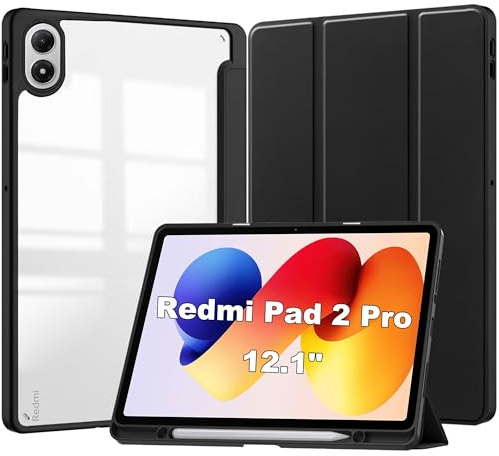 Suttkue Case for Xiaomi Redmi Pad 2 Pro 12.1 [3-Way Protection] Shockproof, Magnetic Closure, Transparent Back – Slim Protective case with Sleep Function & Foldable Stand Fall Protection– Black