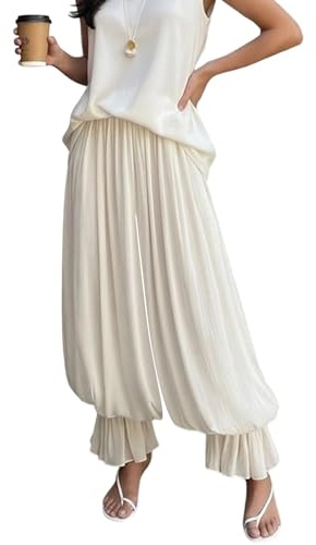 Voghtic Women's Beige Ruched Elastic Waist Balloon Pants - Flowy Harem Pants for Daily Brunch