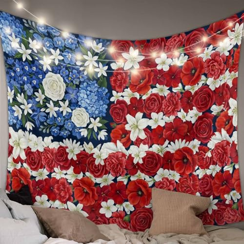 4th of July Floral Tapestry for Bedroom Wall Hanging Tapestry, Country Blue Red Poppy American Flag Ceiling Backdrop Tapestries Poster Blanket Wall Decor for Teens Room Living Room Dorm 59 x 79