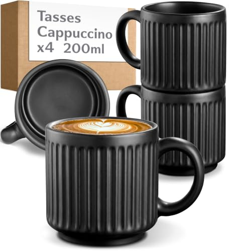 Cosumy Cappuccinokoppar Set om 4 Svarta - Keramik Kaffekoppar 200 ml