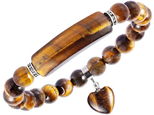 TUMBEELLUWA Healing Stone Bracelet 8mm Beads Chakra Crystal Energy Heart Charm Bracelet Handmade Jewelry for Women, Tiger's Eye