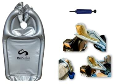 Inflatable Hair Washing Funnel for Shampooing Hair in Any Chair and Basin. Portable Tray Device to Use at Home, in Salon, Nursing Home or Hospital Cape to Help Keep Clothes Dry Pump Included!